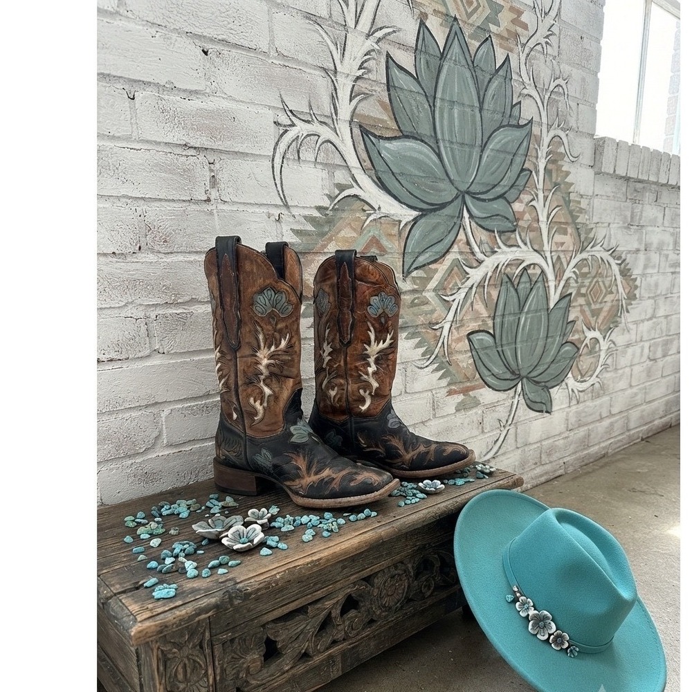 Dan Post Brown Black Leather Floral Embroidered Square Toe Cowboy Boot festival